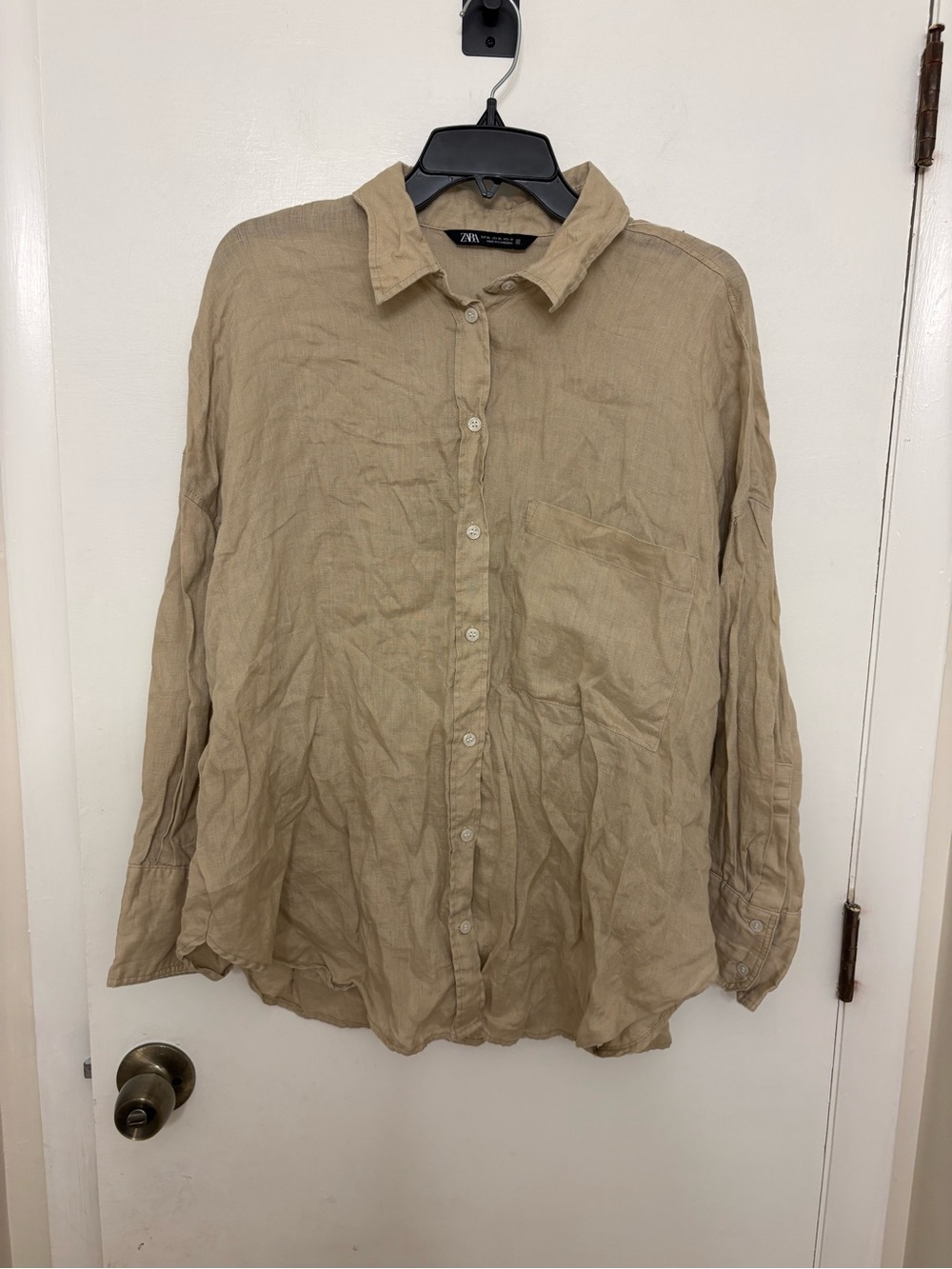 ZARA 100% Linen Shirt XL Beige Coastal Grandmother Oversized Button Down Pocket
